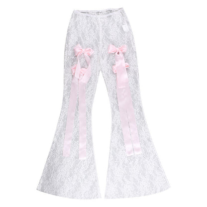 Taruxy Bow Splice Lace Pants Sheer Slim High Waist Bottoms Hot Beach Party Club See Through Pant