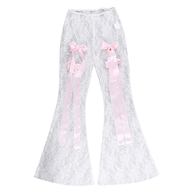 Taruxy Bow Splice Lace Pants Sheer Slim High Waist Bottoms Hot Beach Party Club See Through Pant