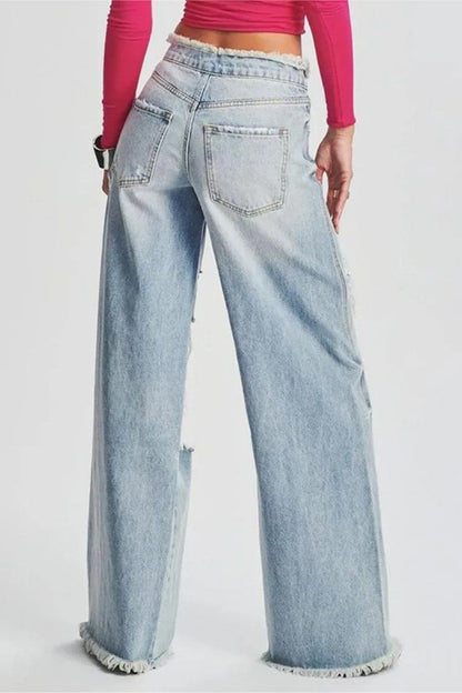 Ripped Patchwork Mid Waist Regular Denim Jeans (subject to the Actual Object)(5 Colors)