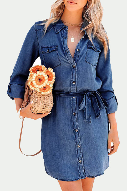 Frenulum Turndown Collar Long Sleeve Loose Denim Dresses