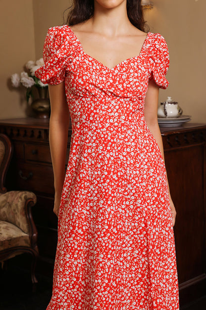 Puff Sleeve Slit Midi Dress Red