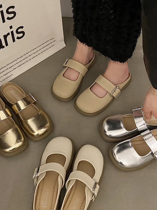 Belt Buckle Round-toe Shallow Cut Split-joint Platform Shoes Slippers&mules