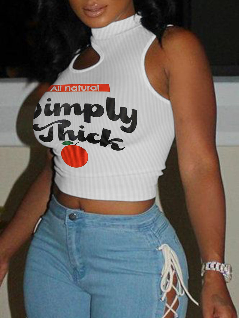 Fruit Letter Print Rib Knot Camisole Summer Basic Skinny Vest Crop Top Irregular Cut Out Sleeveless