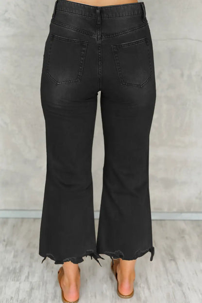 Black Distressed Cropped Flare Jeans