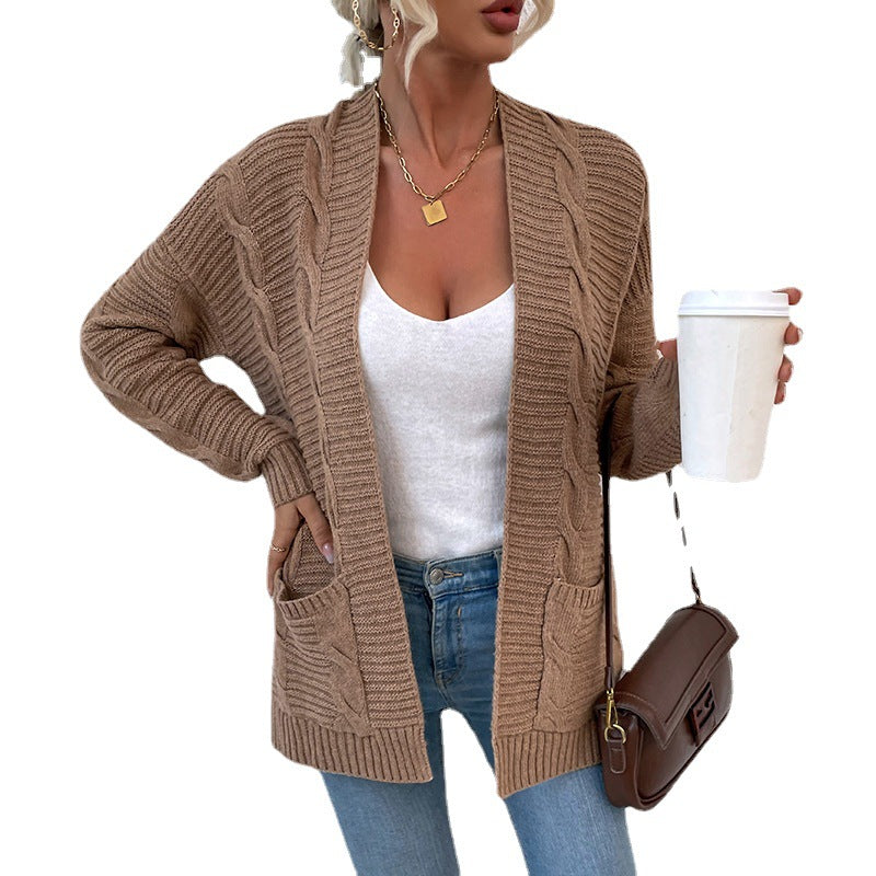 Sweater Autumn Winter New Twist Mid-length Pocket Knitted Cardigan Coat