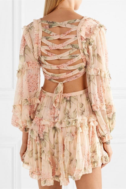 Long Sleeve V-neck Cut-out Mini Dress