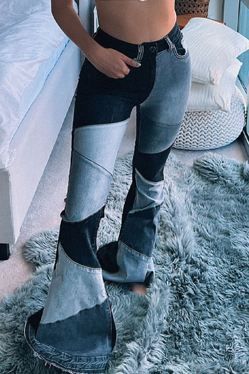 Patchwork Tear High Waist Boot Cut Denim Jeans