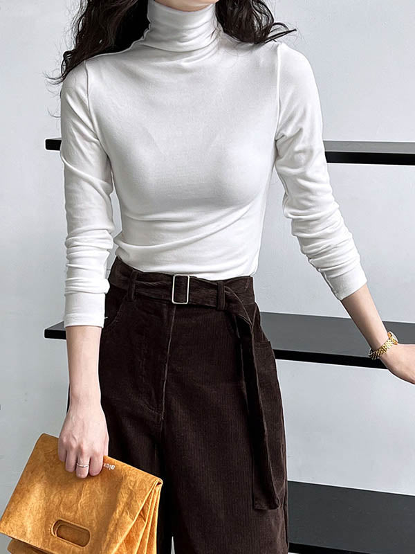 Long Sleeves Skinny Color Split-joint High Neck T-shirts