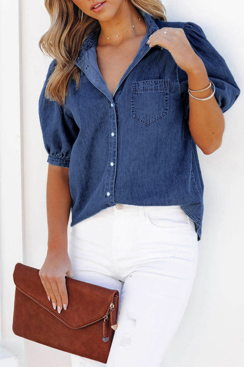 Patchwork Pocket Turndown Collar Blouses