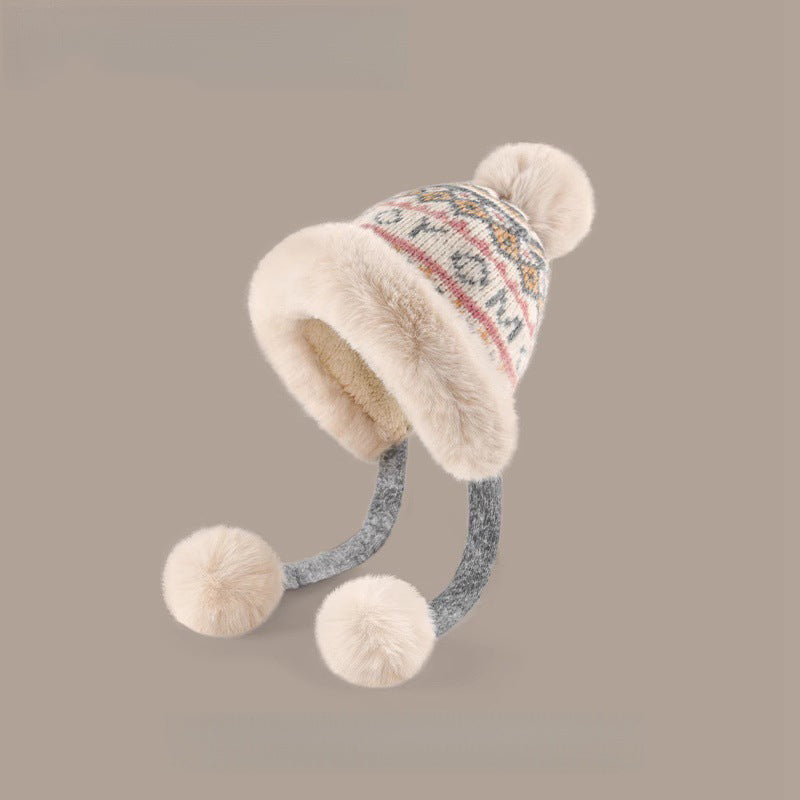 Comstylish Vintage Fair Isle Knit Cozy Fur Trim Fleece Liner Hat