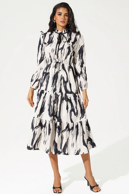 Printed Long Sleeve Crew Collar Lace Up Midi Dress