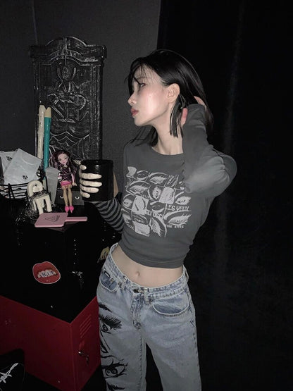 Retro Eyes Print Tops Fairy Grunge Graphic Spring T Shirts Indie Aesthetic Clothes Cyber Y2k Slim Long Sleeve Top
