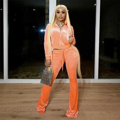 Autumn Europe ’s Velvet Zipper Cardigan & Straight Leg Trousers Set