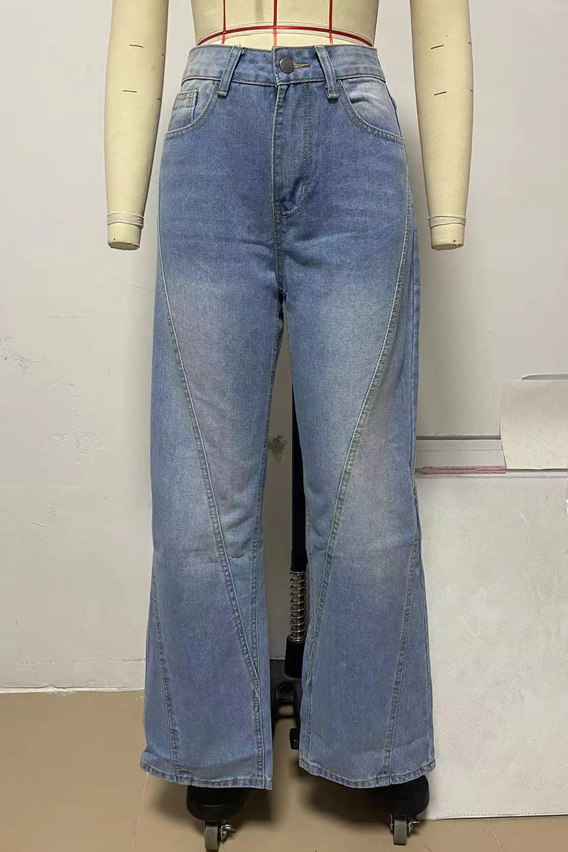 Street Buttons Patchwork Mid Waist Loose Denim Jeans