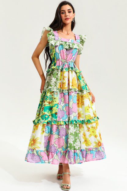 Printed Sleeveless Square Collar Ruffle Hem Midi Dress