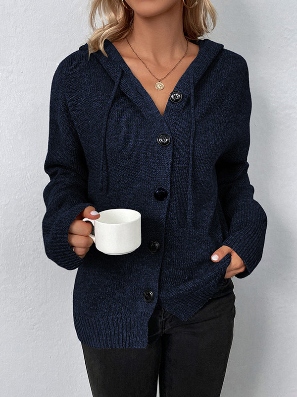 Wrap Buttoned Hooded Color Cardigan