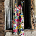 Vintage Colorful Floral Linen Blend Loose Casual Jumpsuit artswardrobe