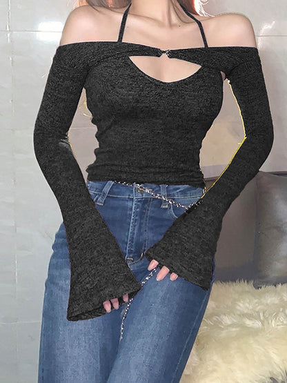One-word Neck Intellectual Pure Color All-match Commuter Slim ’s Flared Sleeve Short Top