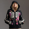 Women's Vintage Skull And Black Cat Art Knit Hoodie artswardrobe