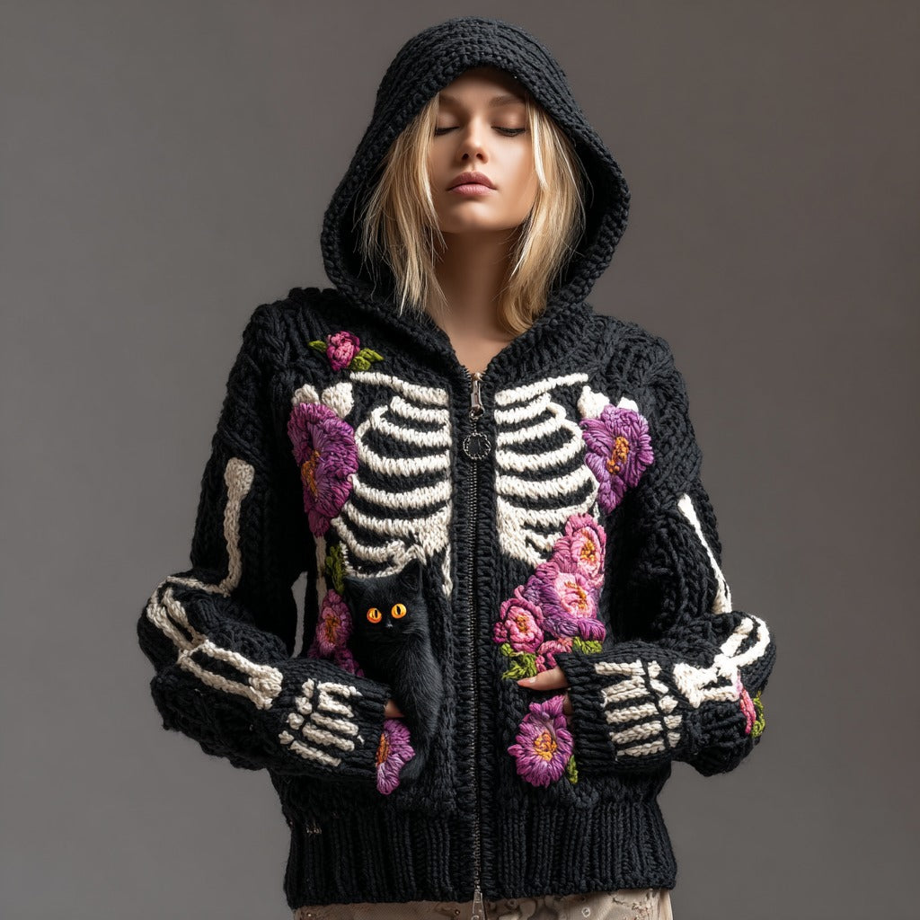 Women's Vintage Skull And Black Cat Art Knit Hoodie artswardrobe