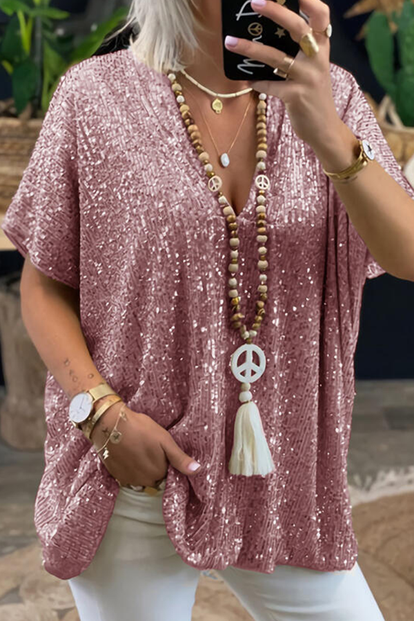 Sequins V Neck T-shirts(3 Colors)