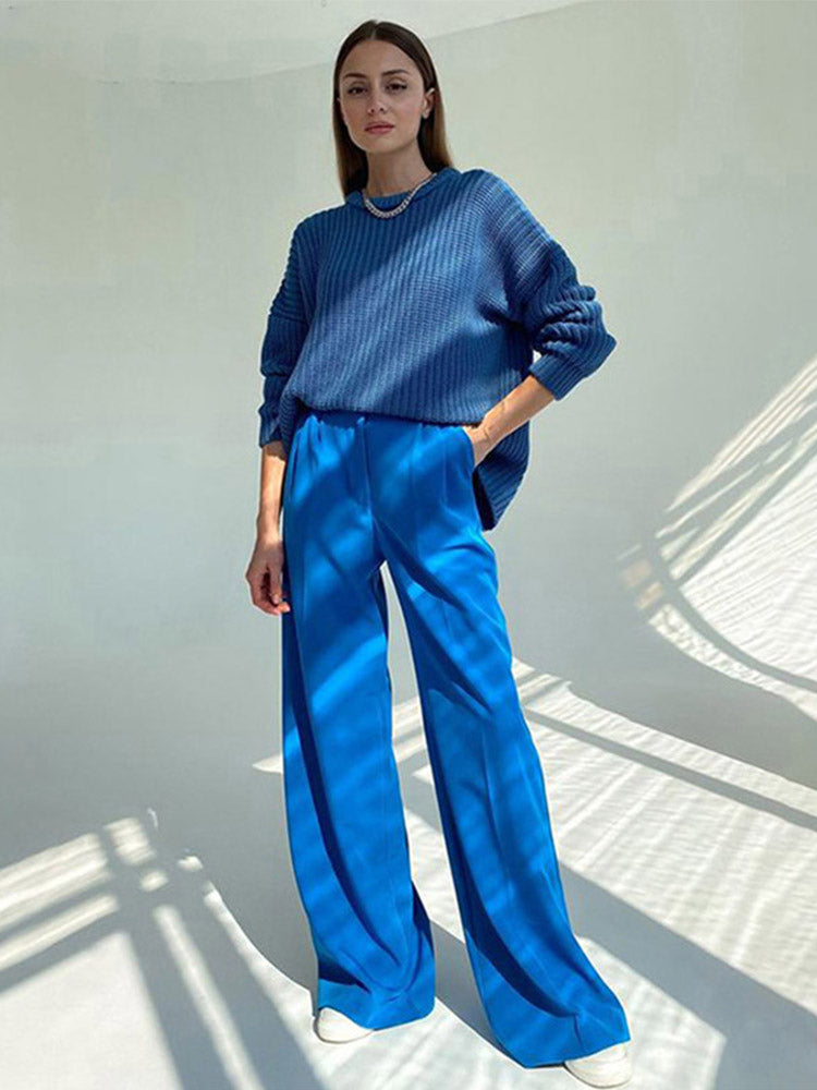 Blue Office ’s Pants Loose Full Length Trousers High Waist Wide Pants for