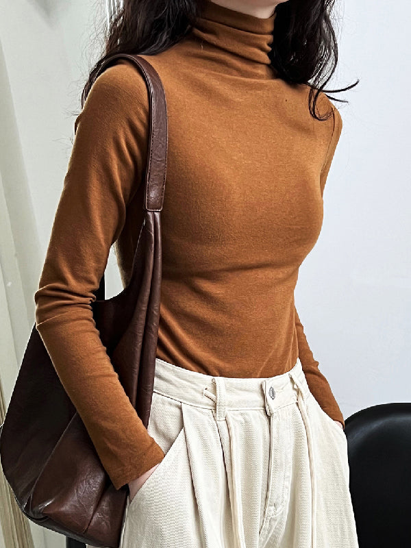 Long Sleeves Skinny Color Split-joint High Neck T-shirts