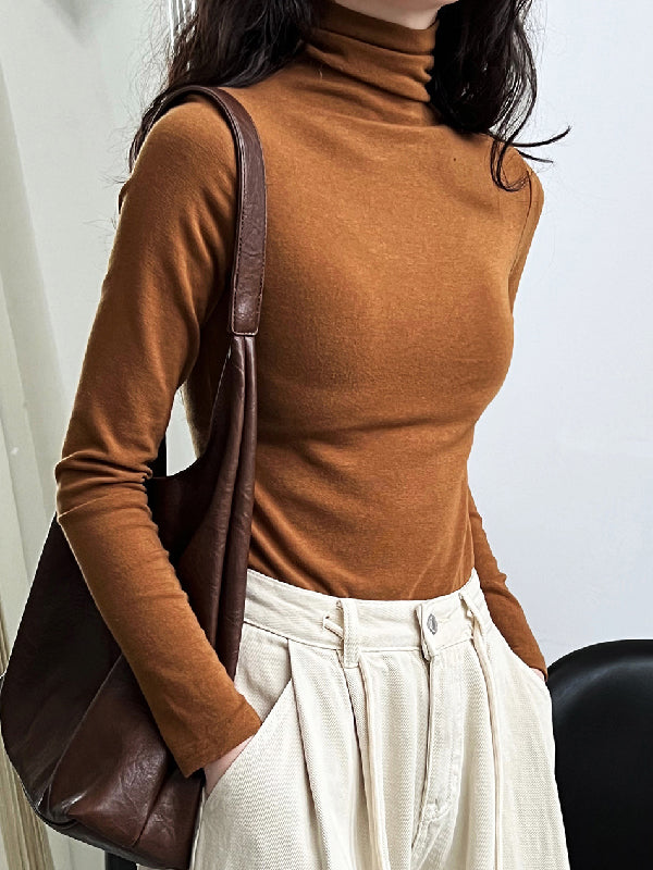 Long Sleeves Skinny Color Split-joint High Neck T-shirts