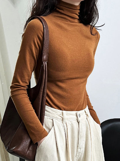 Long Sleeves Skinny Color Split-joint High Neck T-shirts