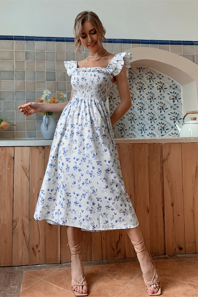 Smocked Elastic Ruffle Hem Midi Dress