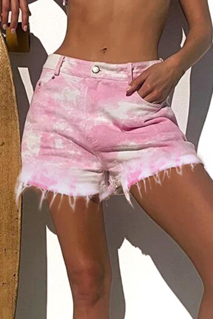 Patchwork Tie-dye Mid Waist Straight Denim Shorts