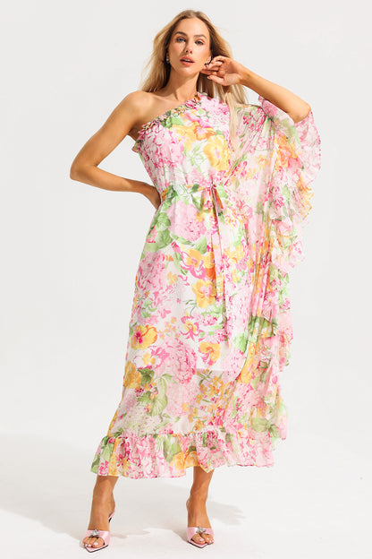 Ruffle Asymmetric One Shoulder Midi Dress