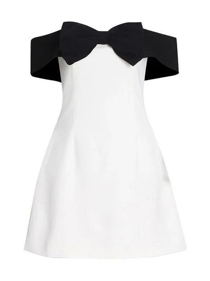 Taruxy Bow Splice Mini Dress for Slim High Waist Off Shoulders Dresses Femme Party Retro Wedding Dress Woman