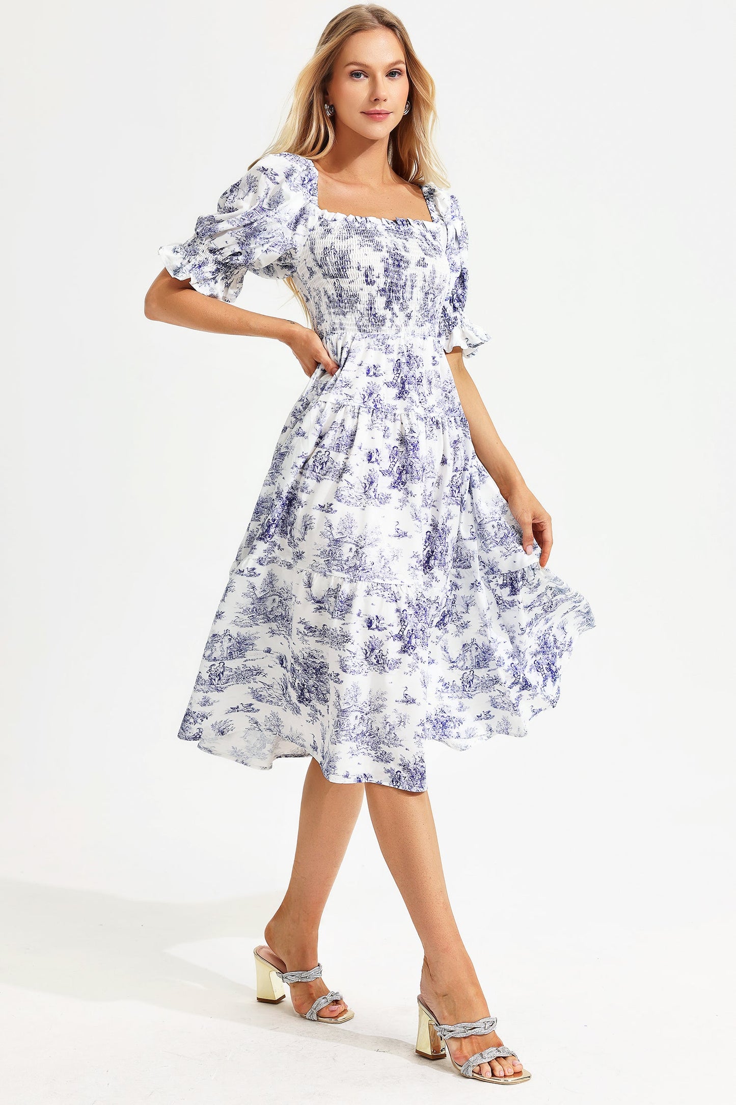 Printed Square Collar Bubble Sleeve Midi Dress