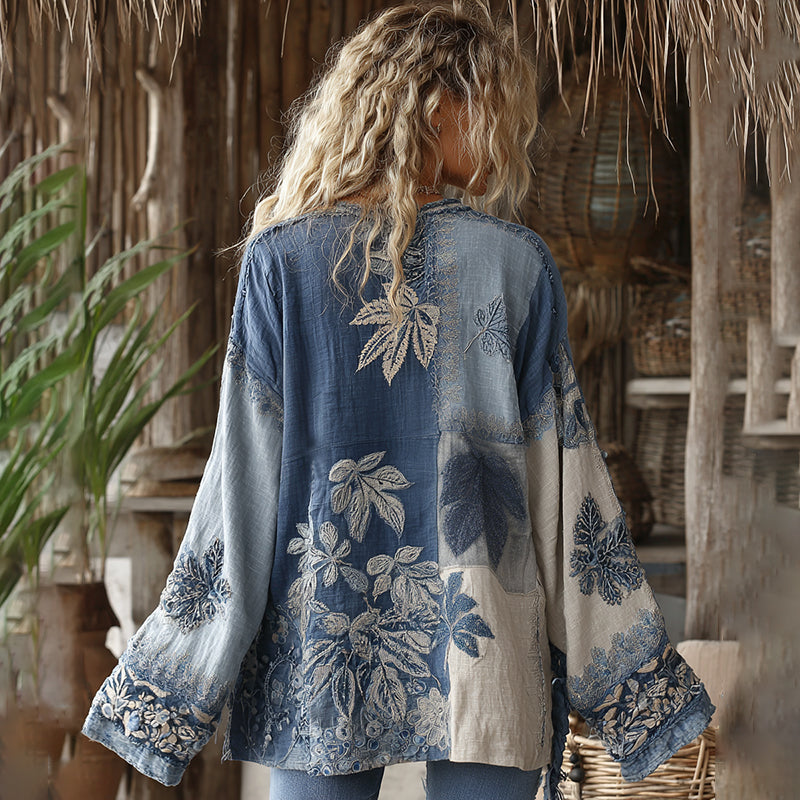 Comstylish Retro Bohemian Floral With Maple Leaf Art Embroidery Print Cotton And Linen Blend Kimono Cardigan