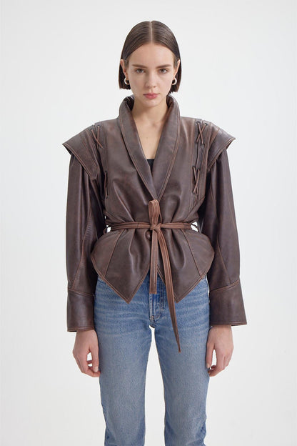Pu Leather Flapped Coat With Belt