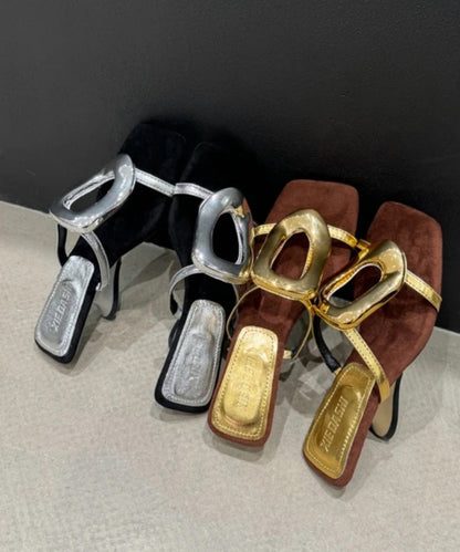 French Splicing Wedge Heels Gold Faux Leather Slide Sandals Oi069