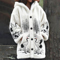 Comstylish Winter Japanese Crane Embroidery Design Women's Hooded Flannel Cardigan