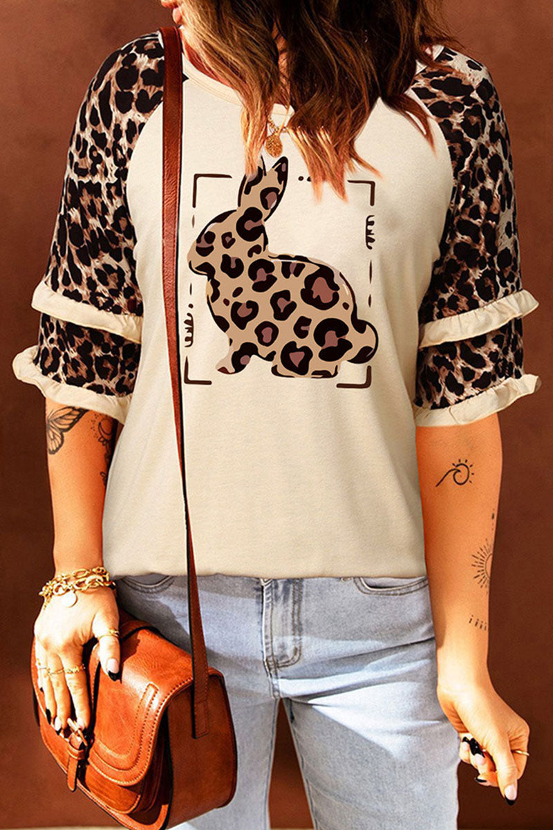 Print Leopard Patchwork O Neck T-shirts(5 Colors)