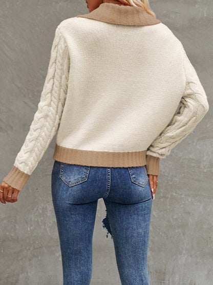 Long Sleeves Loose Contrast Color Split-joint Lapel Cardigan Tops