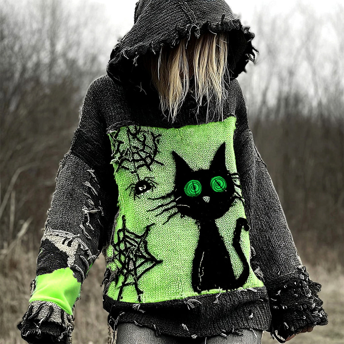 Halloween Scared Black Cat Patchwork Stitched Cozy Knit Hooded artswardrobe
