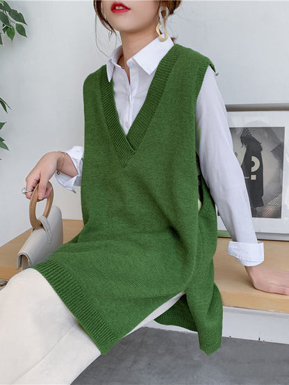 Sleeveless Split-side Color V-neck Knitted Vest