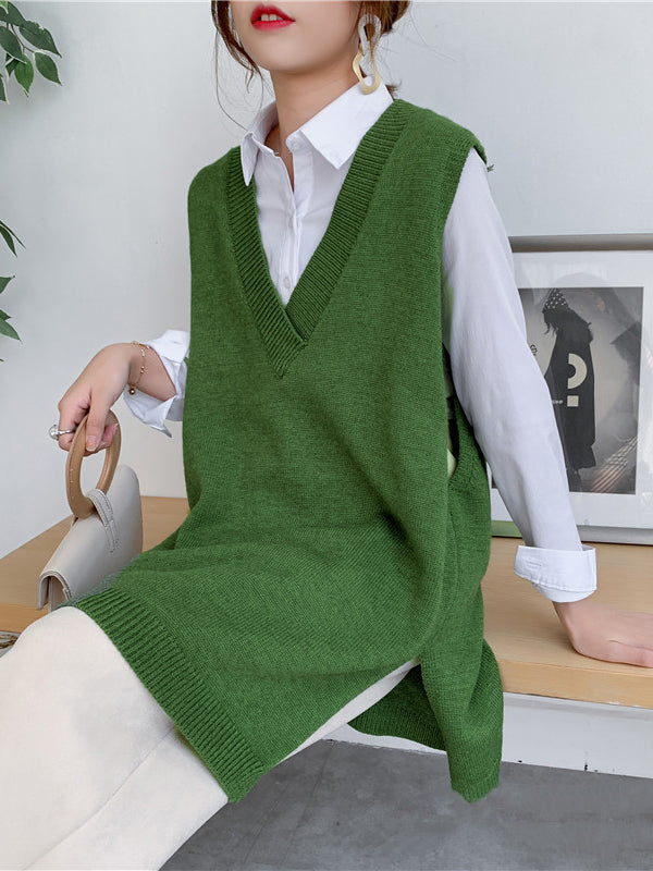 Sleeveless Split-side Color V-neck Knitted Vest