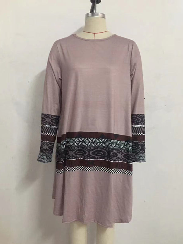 Long Sleeves Striped Contrast Color Printed Round-neck Mini Dresses