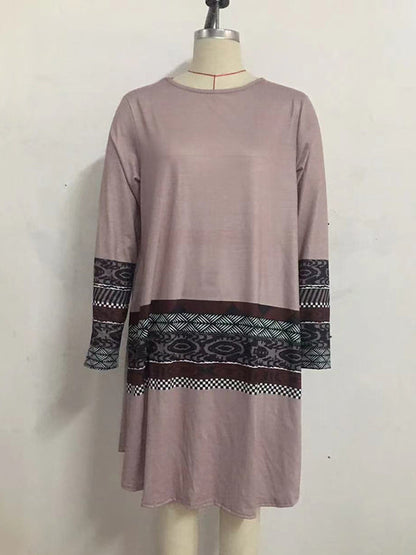 Long Sleeves Striped Contrast Color Printed Round-neck Mini Dresses