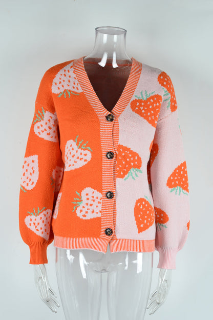 Autumn Winter ’s V-neck Strawberry Cardigan With Buttoned Coat
