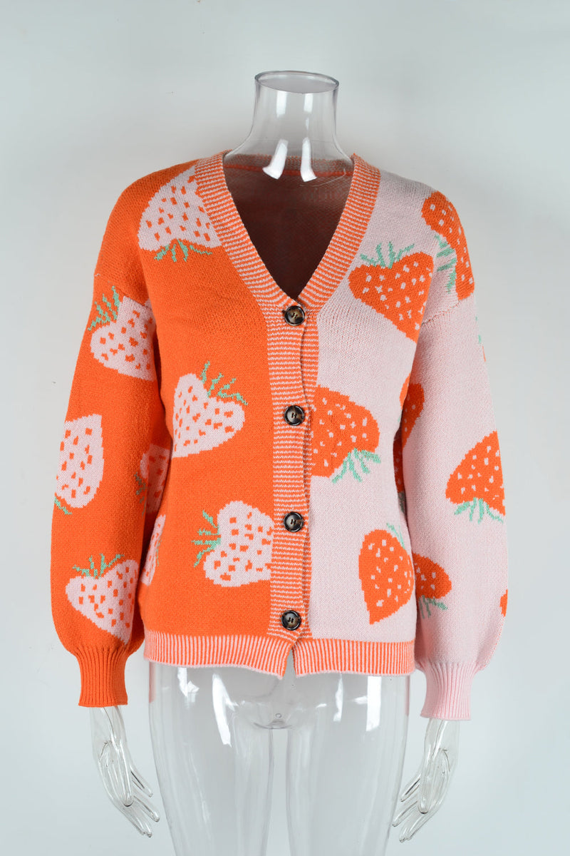 Autumn Winter ’s V-neck Strawberry Cardigan With Buttoned Coat