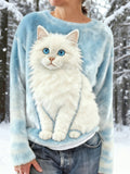 Cute Snowy Cat Embroidered Cozy Plush Sweatshirt