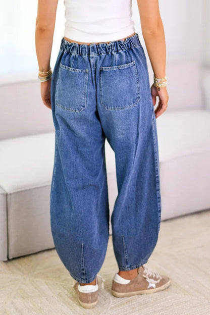 Distressed Pocket Lace Up Mid Waist Loose Denim Jeans