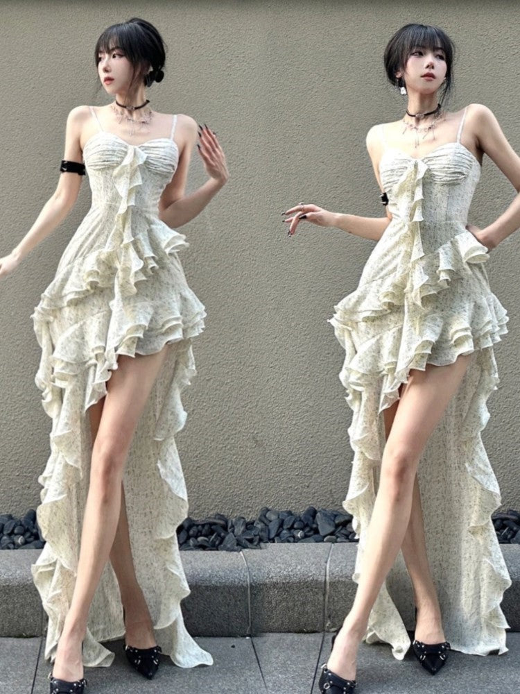 Y2k Spaghetti Strap Irregular Dress Layered Ruffles Slim Party Dress Spring New Prom Robe Wedding Vestidos Mujer